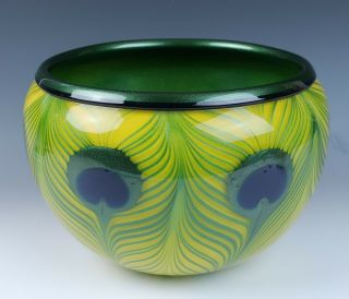 Charles Lotton 12 " Art Glass Bowl Pulled Peacock Feathers Iridescent Aventurine