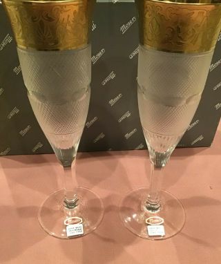 Splendid Moser Crystal Gold Rim Champagne Flutes Set Of 2