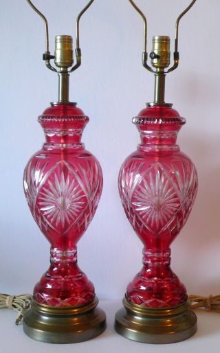 Vintage Czech Bohemian Hand Cut Crystal Art Glass Cranberry Red Lamps