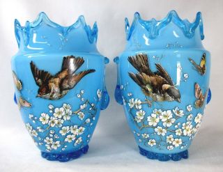 Pair Elegant Blue French Art Glass Vases With Enamel Birds Butterflies & Florals