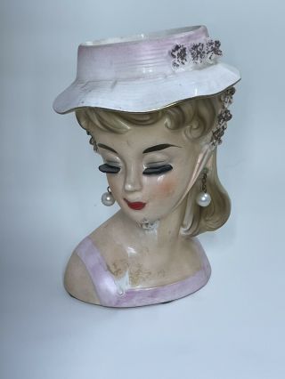 Vintage Japan Head Vase Woman With Pearl Earrings Hat Pink