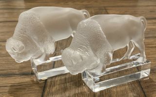 Pair Lalique Clear & Frosted Crystal Buffalo/bison Paperweight Figurines Signed
