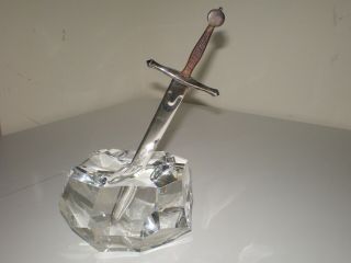 Steuben " Excalibur " Crystal Paperweight With Sterling Silver Letter Opener