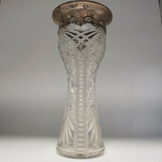Tall American Brilliant Cut Glass Vase W/ Sterling Silver Rim Abcg
