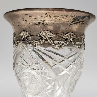 Tall American Brilliant Cut Glass Vase w/ Sterling Silver Rim ABCG 3