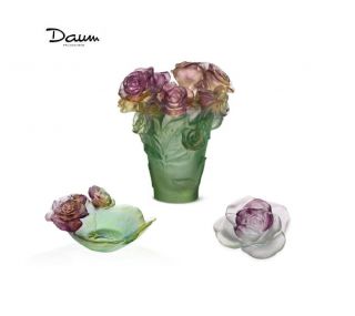 Daum Set Rose Passion Vase,  Flower,  Small Bowl France Crystal Box Green Pink