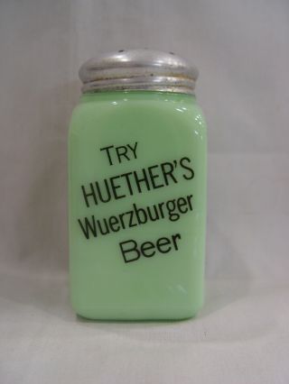 Vintage McKee Jadite Huether ' s Beer Ale Half & Half Advertising Shaker 2