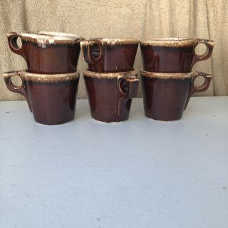 6 Vintage Hull Pottery Usa Brown Drip Glaze Oven Proof Coffee Mugs