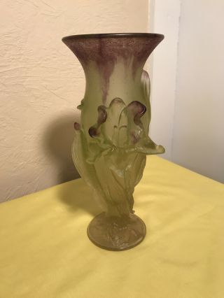 Vintage Art Glass Daum France Crystal Iris Vase Yellow/ Purple