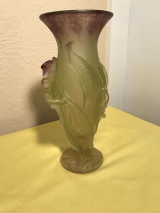 Vintage Art Glass Daum France Crystal Iris Vase Yellow/ Purple 2