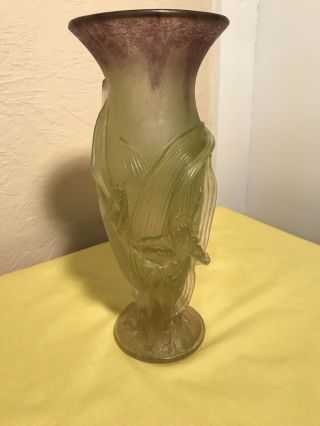 Vintage Art Glass Daum France Crystal Iris Vase Yellow/ Purple 3