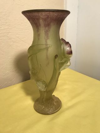 Vintage Art Glass Daum France Crystal Iris Vase Yellow/ Purple 4