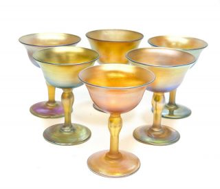 6 Louis Comfort Tiffany Lct Favrile Wine Goblets,  Multi - Hued Iridescence
