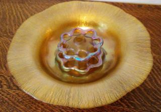 1848 L.  C.  Tiffany Favrile Gold Iridescent Dish Vase Bowl With Glass Frog Inset