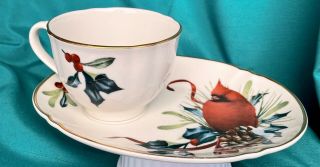 Lenox Winter Greetings Red Cardinal Fluted Cup & Dessert Plate Set