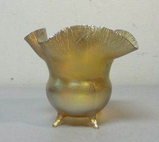 L C Tiffany Favrile Gold Iridescent Footed Cauldron Shaped Footed 4 " Vase