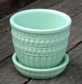 Mccoy Pottery Planter Pot W Attached Saucer Seafoam Matte Green Beetle Band