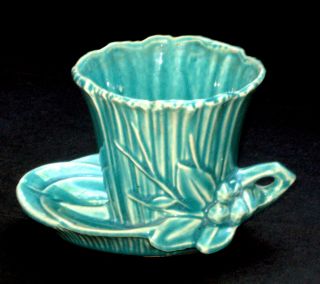 Mccoy Pottery Planter Pot W Attached Saucer Seafoam Green Leaves Floral