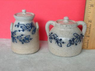 2 lidded Mini Crocks BBP Beaumont Brothers Pottery c.  1990 Blueberries,  stamped 2