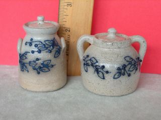 2 lidded Mini Crocks BBP Beaumont Brothers Pottery c.  1990 Blueberries,  stamped 3