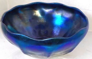 Louis Comfort Tiffany Blue Iridescent 8 Inch Favrile Glass Scalloped Bowl 1900s