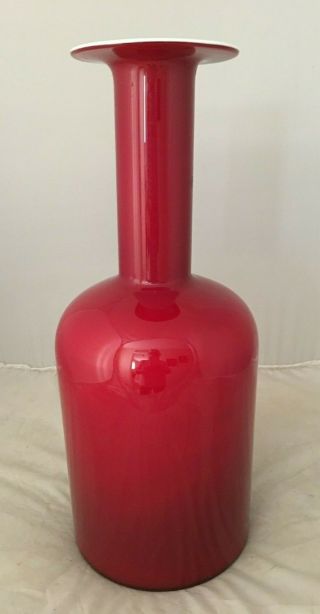 Vintage Mid Century Kastrup Holmegaard Denmark Red Over White Bottle Vase 17” 6