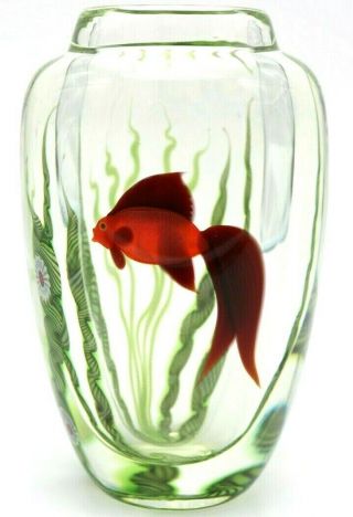 Gorgeous Orient & Flume Red Beta Fish Aquarium Art Glass Paperweight Vase 6.  8 "