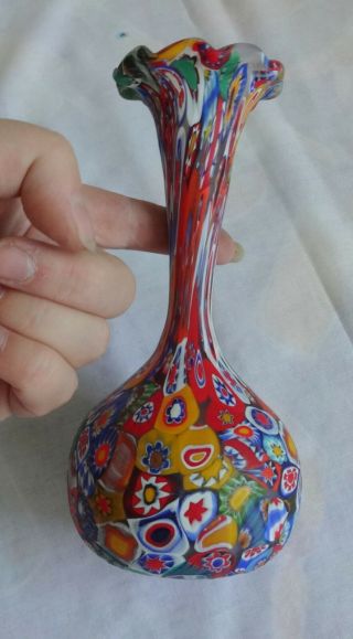 Vtg Mid C Itali Art Glass Fratelli Toso Murano Millefiori Mosaic Fluted 8 " Vase