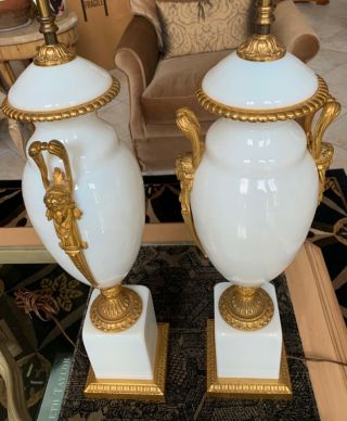 Pair Vintage Hollywood Regency French Opaline Opalescent Glass Lamps Gilt Bronze