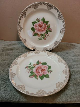 Vintage Paden City Pottery American Rose Dinner Plate 22kt Gold Trim Set Of 2