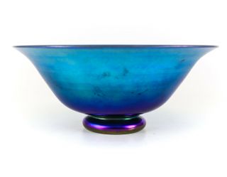Steuben Aurene Art Glass Footed Bowl,  Blue Iridescent,  C1910 Marked 