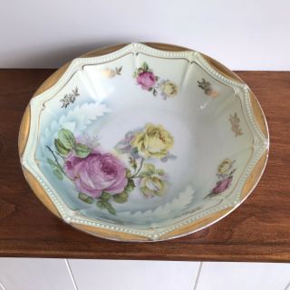Vintage P.  K.  Silesia Porcelain Vegetable Serving Bowl Roses Gold Beaded Trim