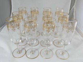 Fine French Baccarat Glass Set Of 12 Flute Goblet With Gold,  Recamier Pattern