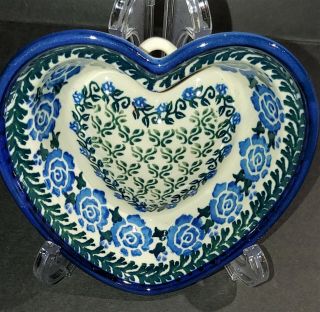 Polish Pottery Floral Pattern Blues Small Heart Shaped Bowl Hand Painted Unikat