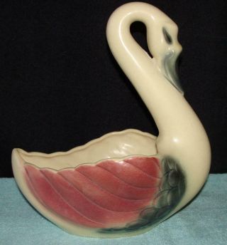 Lg Vintage Brush Mccoy Pottery Swan Planter Pink,  Green 632