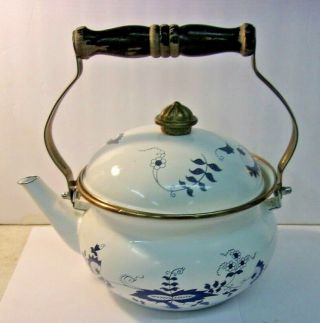 Vintage Blue Danube Teapot Tea Kettle Blue Onion Porcelain Enamel Wood Handle