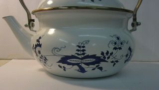 Vintage BLUE DANUBE Teapot Tea Kettle Blue Onion Porcelain Enamel Wood Handle 2