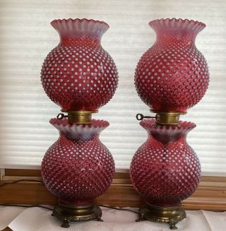 Vintage Fenton Cranberry Opalescent Hobnail Gone With The Wind Lamps