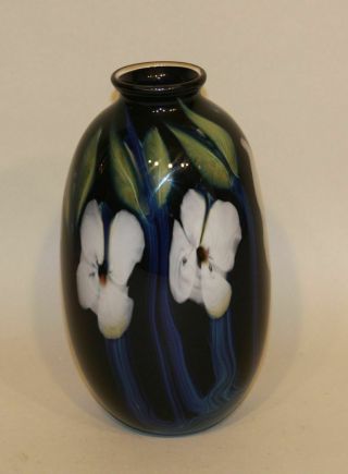 1984 Charles Lotton 9 - 1/2 Inch Dark Blue Multi Flora Studio Art Glass Vase