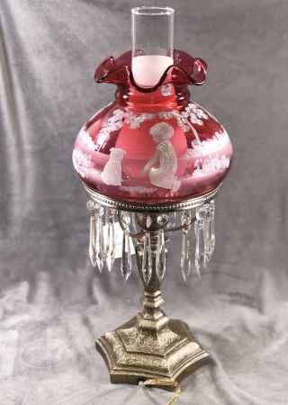 Fenton Cranberry Mary Gregory Lamp Boy And Dog Playing Marbles Con.