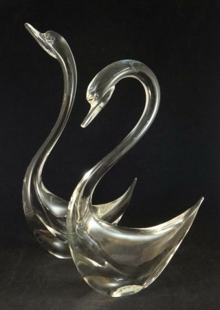 Pr.  Large Murano Glass Swans By Elio Raffaeli.  17 5/8” & 14 ¾” T.  Yellow Tinted.
