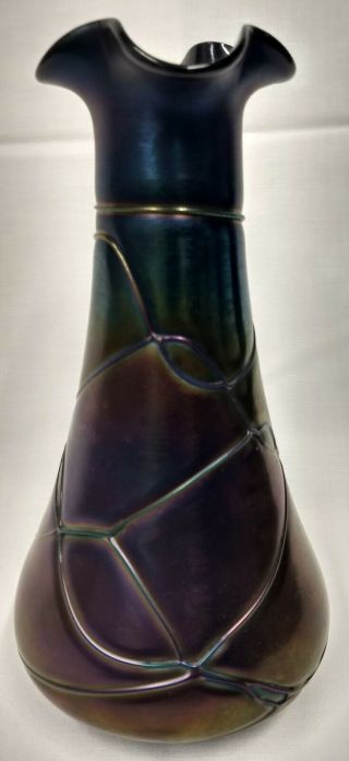 Czech Art Nouveau Pallme Konig Bohemian Kralik Iridescent Threaded Glass 10 Vase