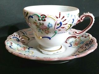 Vintage Moriage Merit Floral Demitasse Cup/saucer Pink And Multicolor
