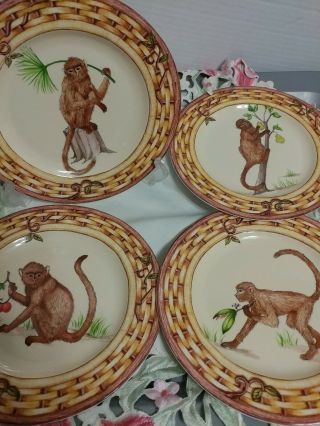 Set Of 4 American Atelier At Home Monkey Salad Plates W/ Bamboo Trim 5029