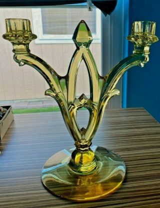 Rare Heisey Glass Two Light Gothic Candlestick In Sahara Marked With Diamond H