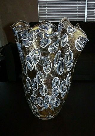 Large 14.  5 " Tall Murano Glass Black & Blue Murrine Fazzoletto Vase Gold Flecked