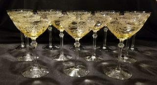 Set Of 12 - Fostoria Topaz June Etched High Sherbet/champagne Glasses Stemware