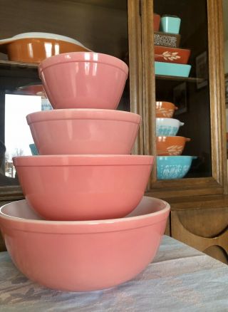 Vintage Pyrex Pink Mixing Bowls Complete Set 401 402 403 404 Near