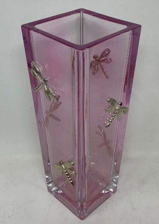 Moser Clear Crystal Glass Pink Vase With Dragonfly Figurines