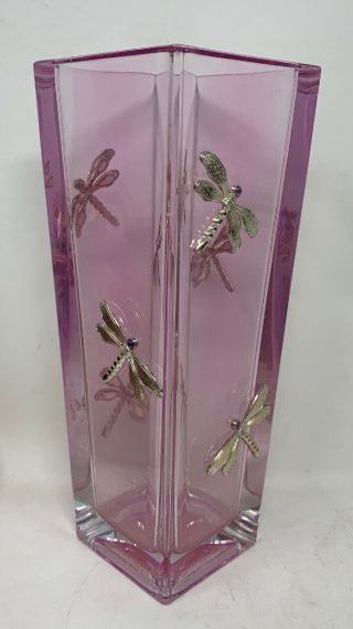 Moser Clear Crystal Glass Pink Vase With Dragonfly Figurines 2